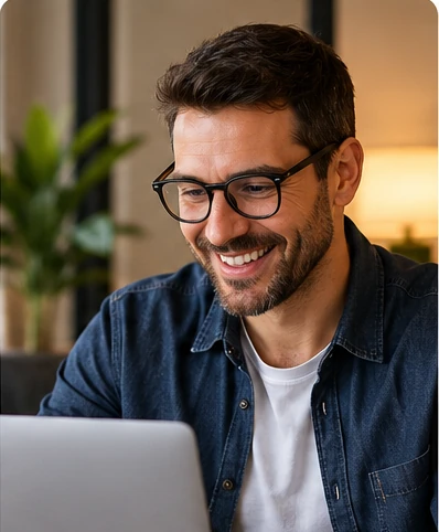 Profissional sorrindo ao trabalhar em seu computador