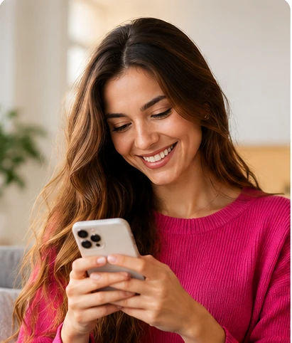 Profissional tranquila utilizando o celular com a tela voltada para ela